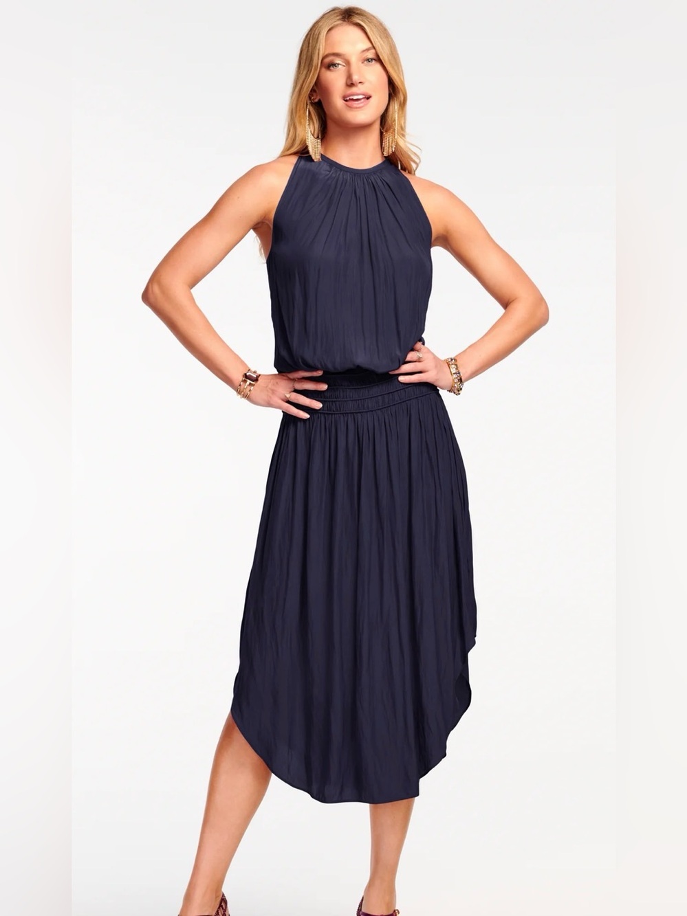 Ramy Brook Midnight Halter Smocked-Waist Midi Dress